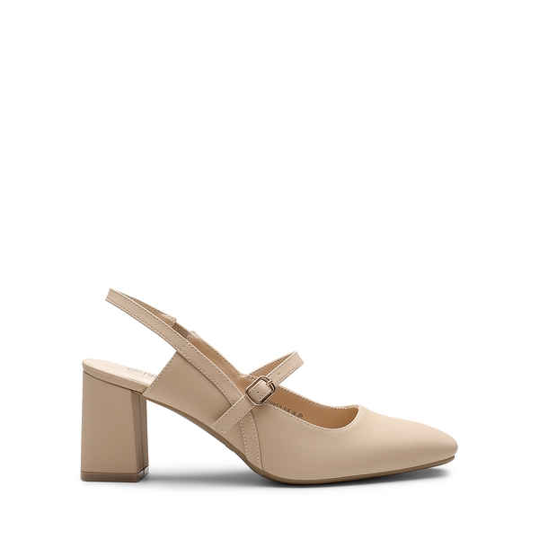 Mary Jane Slingback Chunky Heel Pumps - NUDE NUBUCK - 3